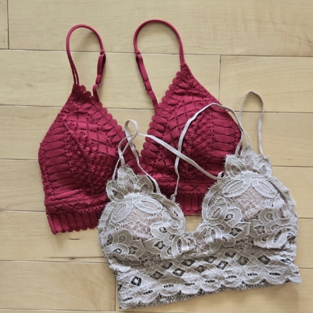 Anemone Lace Bralette Duo - Red and Tan Set‎ Of 2 Bundle NWOT
